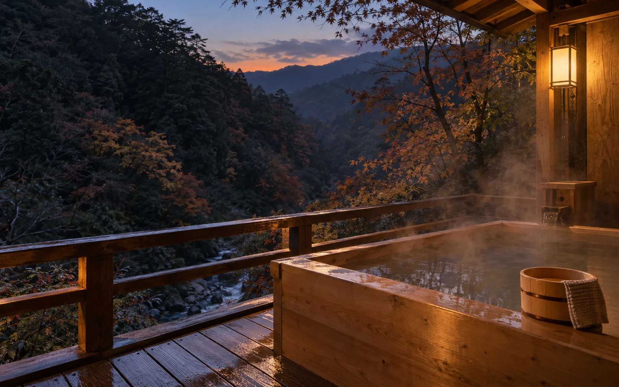 日の暮れの縁側の檜の露天風呂。湯気の向こうに紅葉の谷と夕焼けの空（イメージ・見本）