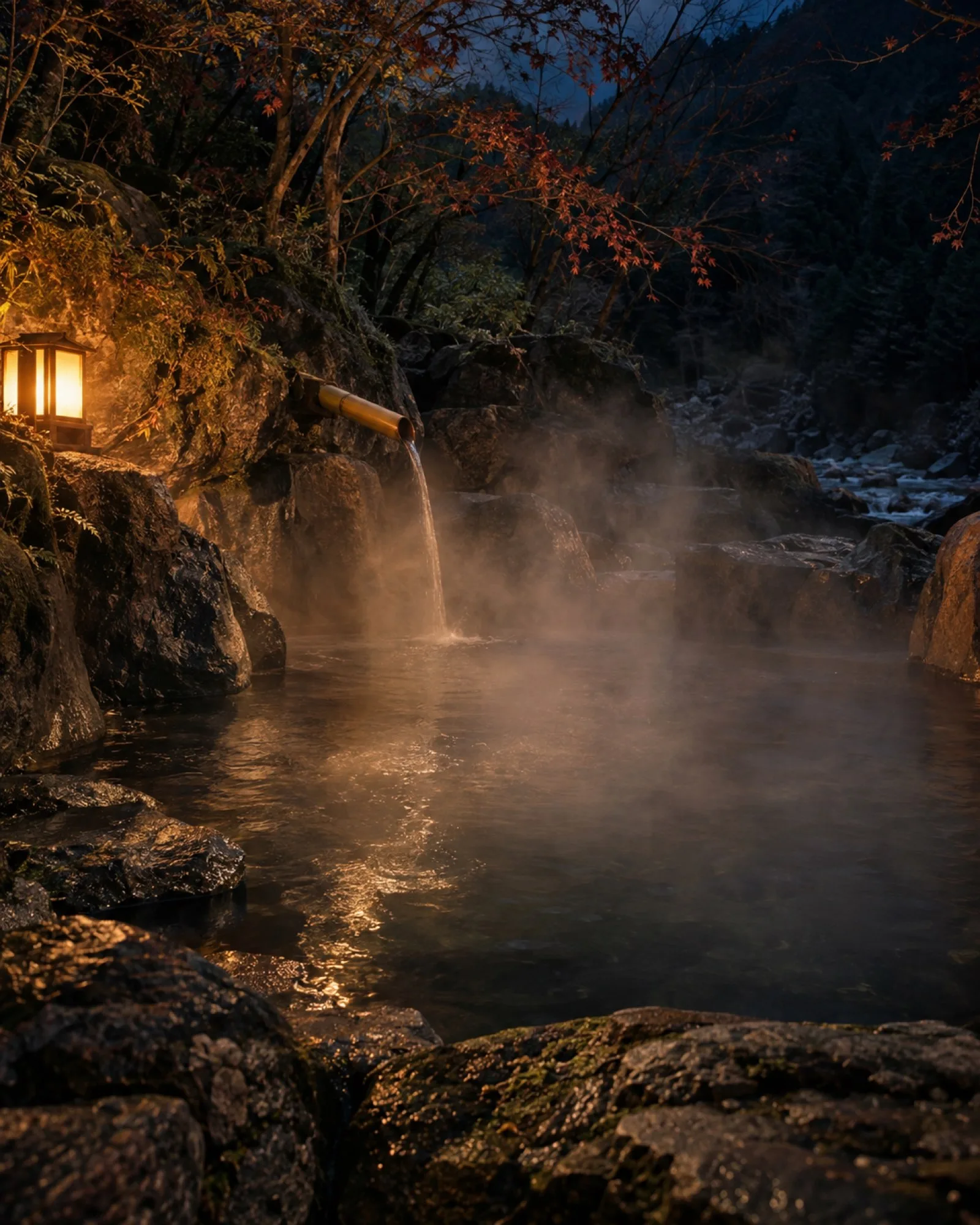 夜の石の露天風呂。竹の樋から湯が落ち、行灯の光で湯気が白く浮かぶ（イメージ・見本）