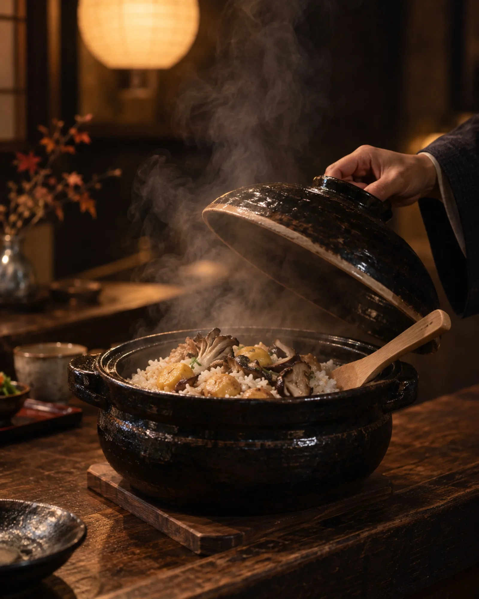 土鍋のふたを開けた瞬間。湯気の中に栗と茸のご飯（イメージ・見本）