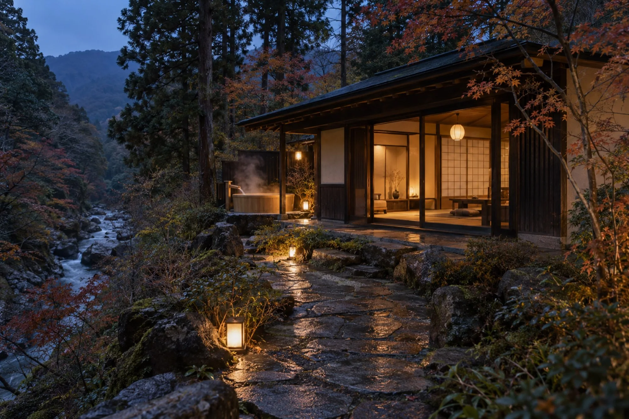 青い夕暮れの離れ。焼杉の外壁の小さな平屋の窓が明るく、横の石のテラスに湯気の立つ丸い檜の湯船（イメージ・見本）