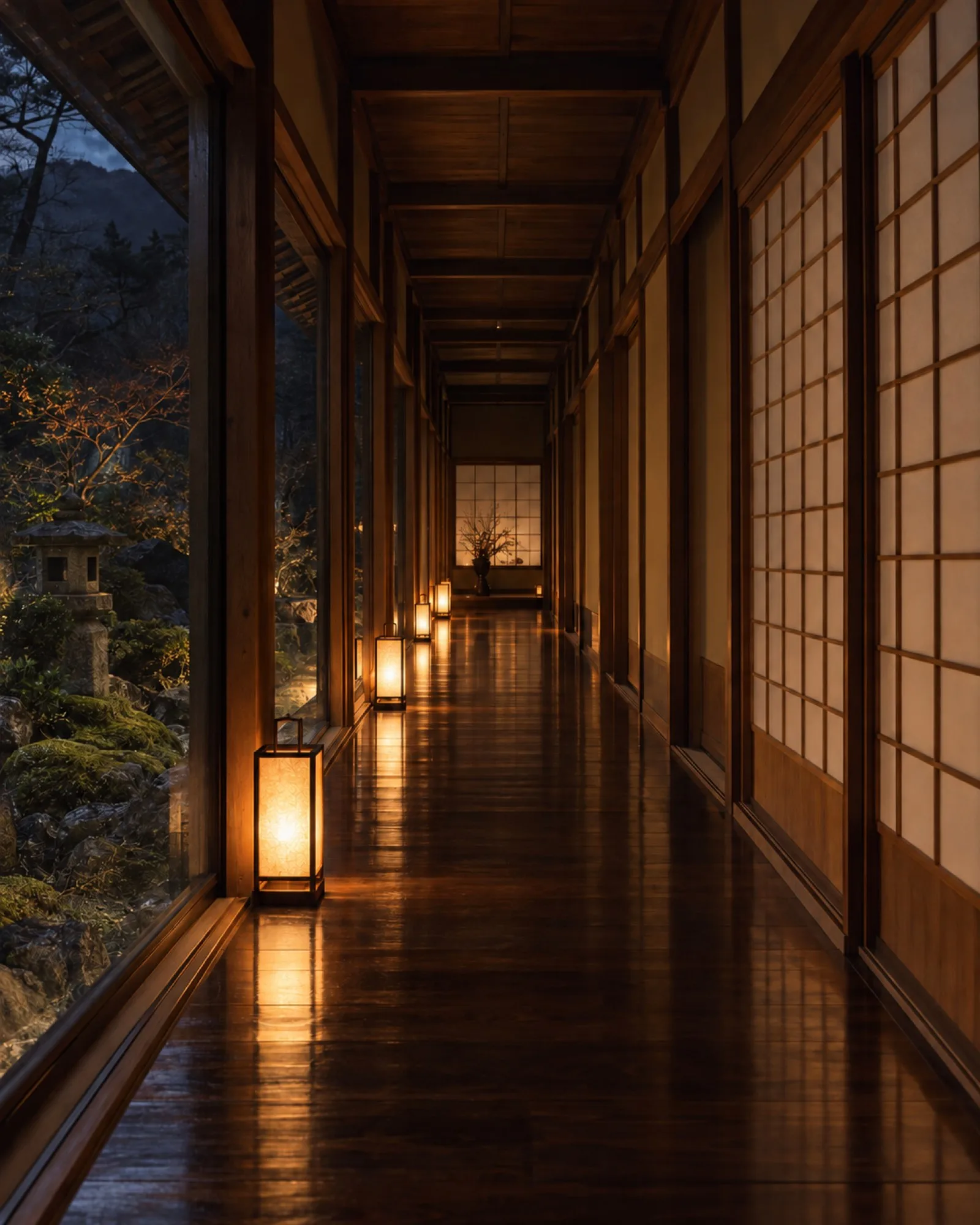 行灯だけが灯る夜の木の廊下。磨いた床に灯りが映る（イメージ・見本）