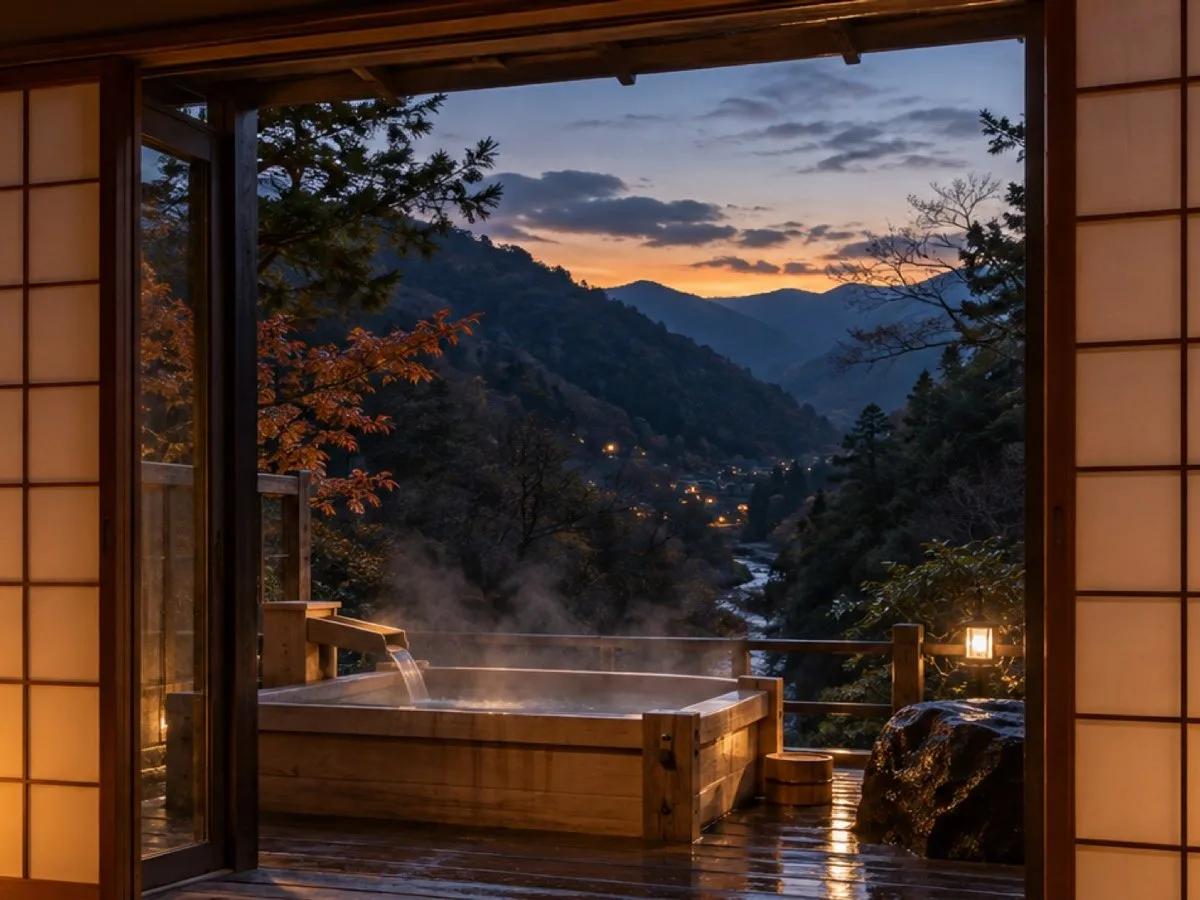 部屋の縁側の先の檜の露天風呂。湯気の向こうに日の暮れの谷（イメージ・見本）