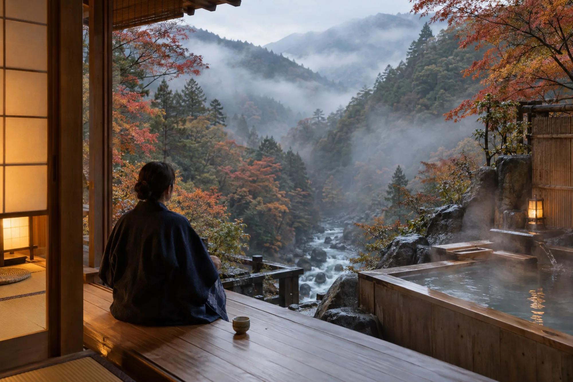 朝の縁側に浴衣の人が座り、霧の立つ紅葉の谷を眺めている。横の露天風呂から湯気（イメージ・見本）