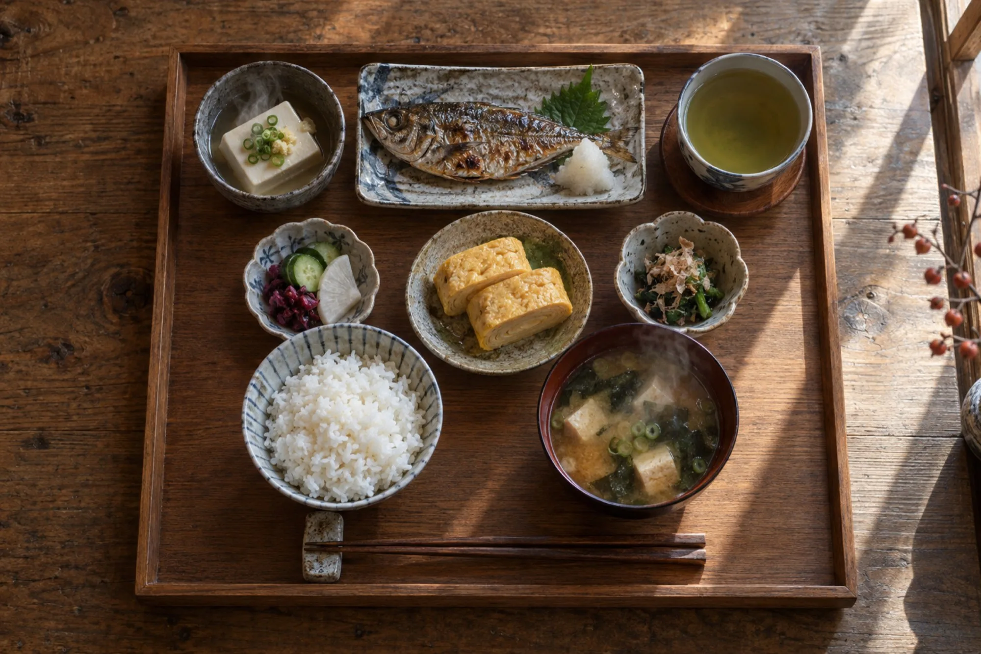 朝の光が差す盆の上の和朝食。焼き魚・卵焼き・湯豆腐・味噌汁・ご飯・漬物（イメージ・見本）
